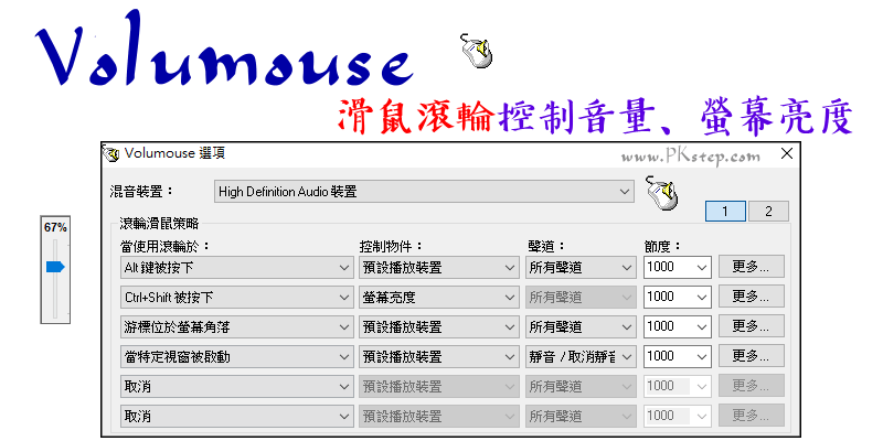 Volumouse用滑鼠滾輪控制電腦音量，快速調整大小聲、靜音（繁中下載）Windows。