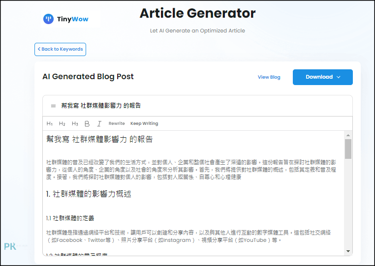 Tinywow自動AI產出文章範例
